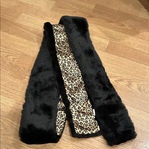 Black Faux Fur Scarf with Leopard Print Lining